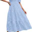 MEROKEETY Women's 2025 Summer Puff Sleeve Smocked Floral Dress Crewneck Lace Flowy Tiered Midi Dresses (Blue, M)