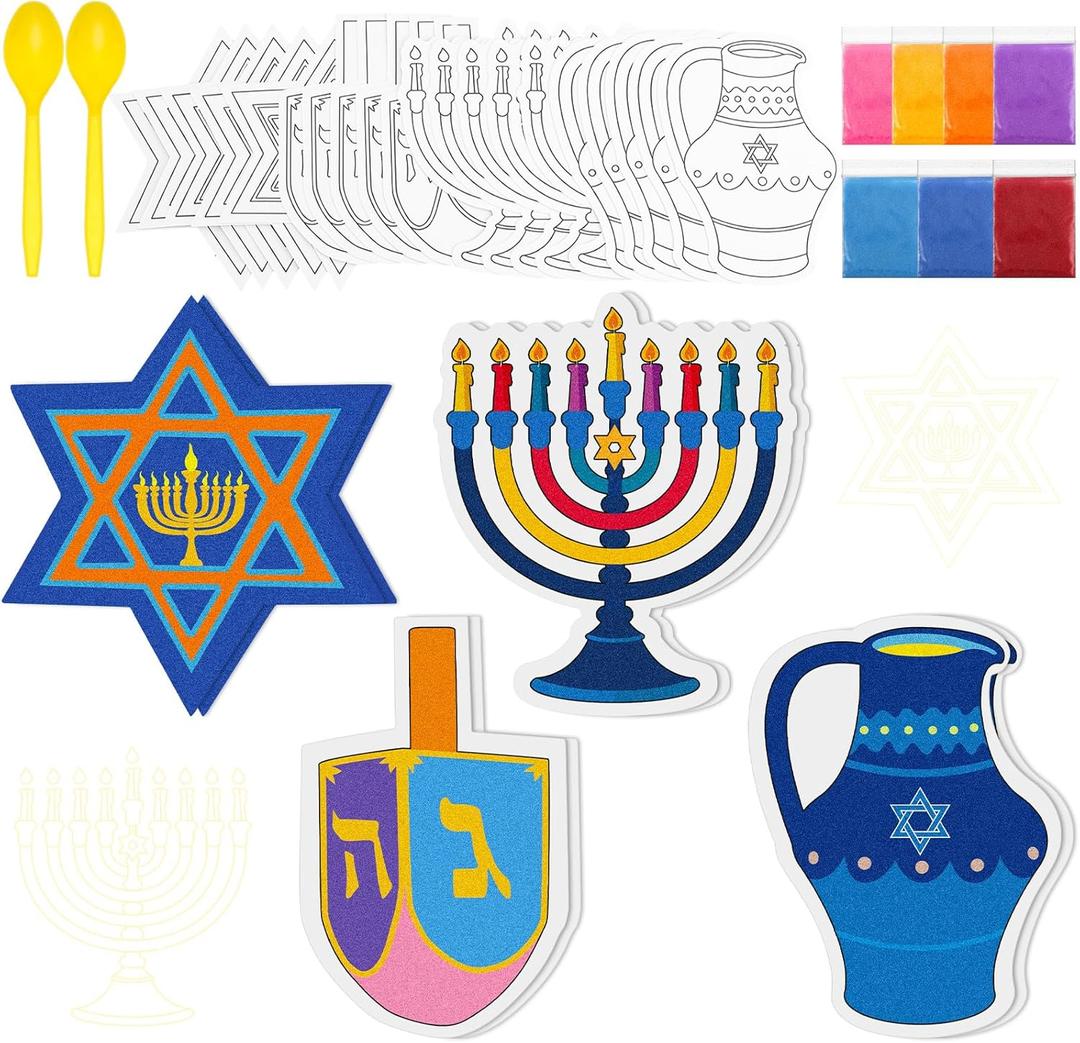 2 x Sosation 24 Set 5 Inch Hanukkah Sand Art Kits Gift Self Adhesive Painting for Adult Chanukah DIY Art Craft Pictures with 7 Colorful Sand for Hanukkah Christmas Jewish Party Favors