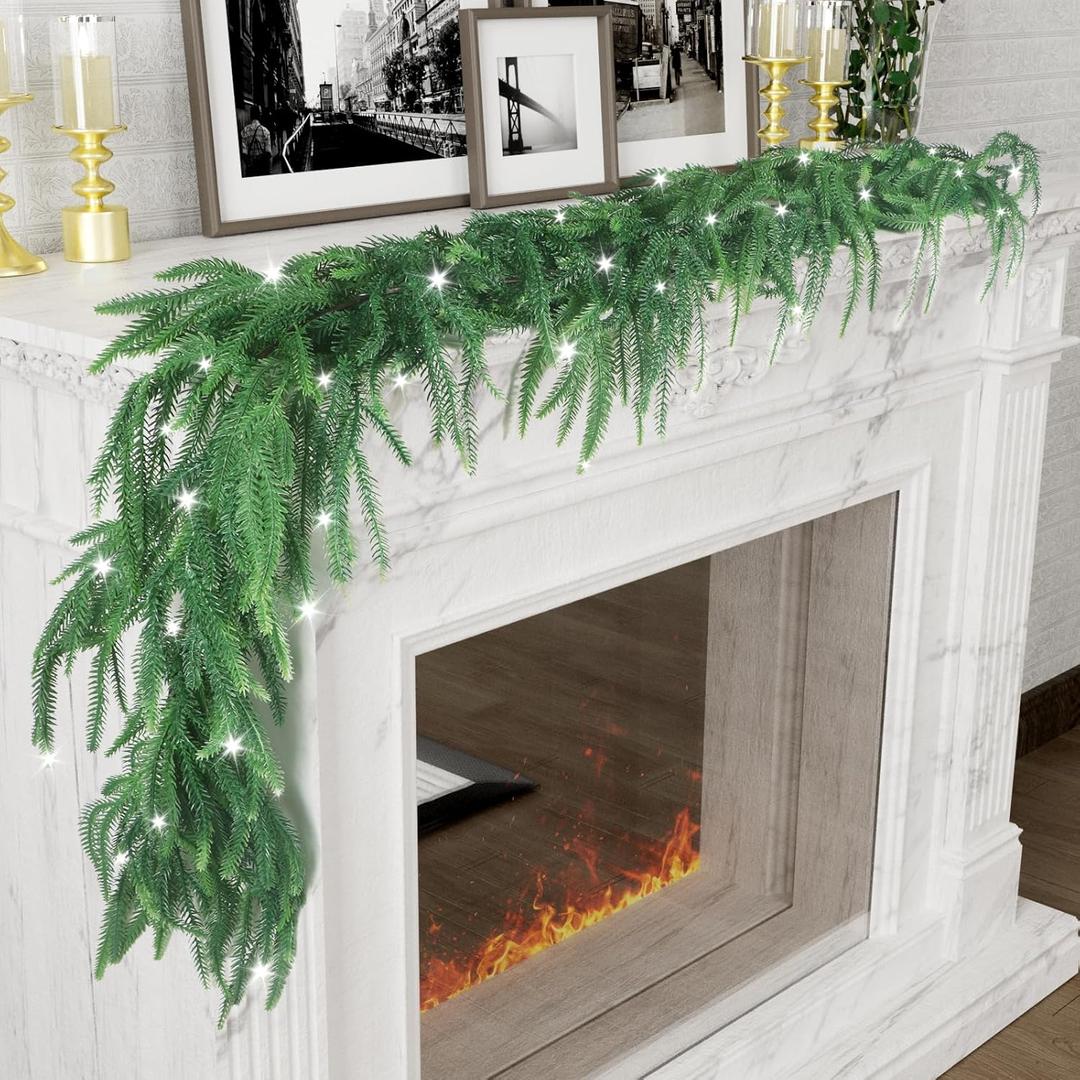 Norfolk Pine Garlands with Light String, 6Ft Artificial Soft Christmas Pine Garland, Green Real Touch Greenery Garland for Table, Mantle, Staires, Wall, Premium Indoor/Outdoor Christmas Decorations