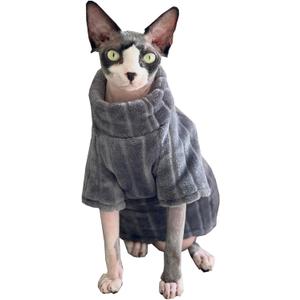 Turtleneck Sweater for Sphynx Cat Soft Coral Fleece Cat Clothes Thick Winter Warm Outfit Coat for Hairless Cats and Small Dogs Apparel with Sleeves (Grey, XL (9-13 lbs))