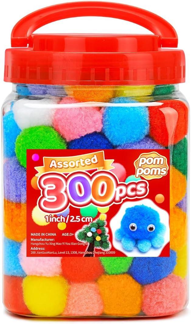 IOOLEEM Multi-Color Pom Poms, 300pcs 1inch, Pom Poms for Arts and Crafts, Pom Pom Balls, Craft Pom Poms. (1 inch / 2.5 cm)