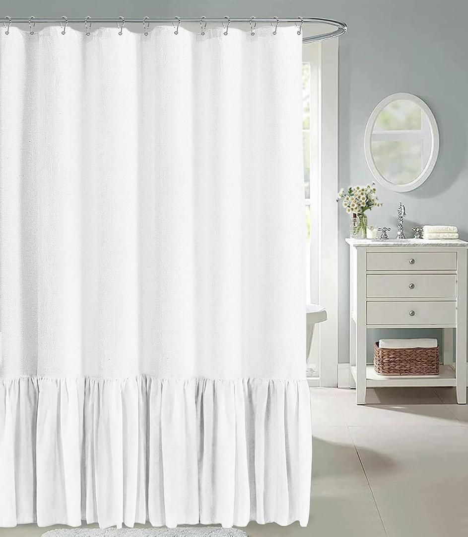 Awellife Farmhouse Shower Curtain Ruffle Linen Textured Boho Shower Curtain for Bathroom, White 72" W x 96" L