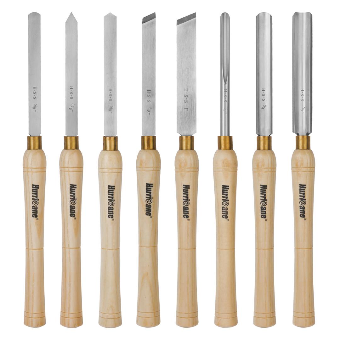 HURRICANE 8pc Wood Lathe Chisel Set, M2 HSS Wood Turning Tools with 10" Solid Hardwood Handles, Lathe Tool Kit for Beginners and DIY Hobbyists, Includes Protective Wooden Box