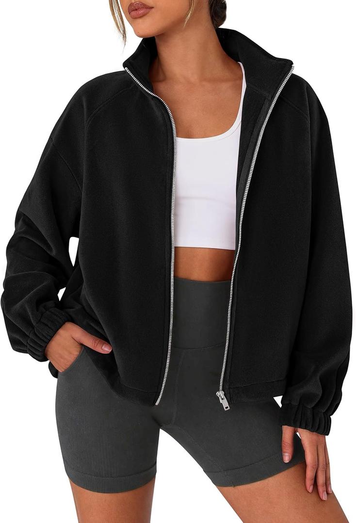 PRETTYGARDEN Womens 2026 Winter Fleece Sherpa Jacket Trendy Long Sleeve Zip Up Cropped Warm Coat Fall Fashion Workout Clothes (Black, XXL)