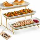 LAUCHUH Large 3 Tier Serving Stand Tiered Serving Trays Collapsible Sturdier Rack with 3 Porcelain Serving Platters for Fruit Dessert Presentation Thanksgiving Christmas Party Display Set, 14 Inch (Gold)