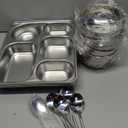 Potchen 14 Pcs 304 Stainless Steel Plates and Bowls Sets with Cups, Spoons, Forks, Compartment Trays Unbreakable Divided Plates Reusable Tableware for Home, Camping, Travel, Restaurant, Silver 