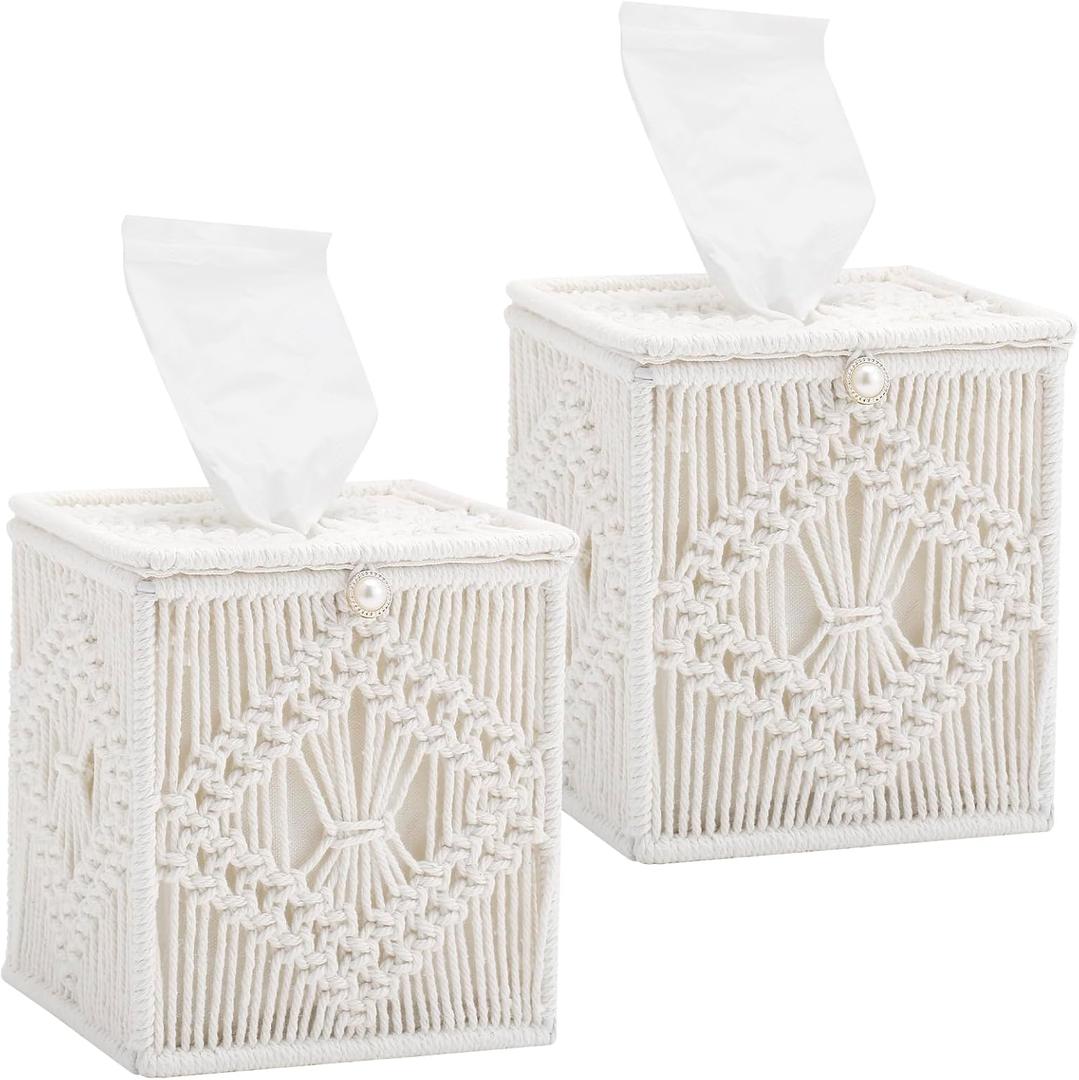 2 Pack Tissue Box Cover Macrame Square Open-Bottom Tissue Box Holder Boho Decor Tissue Organizer Bohemian Handmade Woven Tissue Cube Box for Bedroom Bathroom Dresser Living Room Office