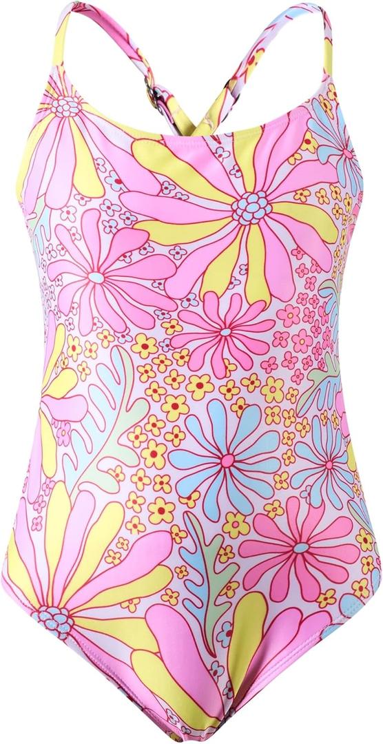 Angel season Girls One Piece Swimsuits Teens Bathing Suit Straps Kids Cute Swimwear with UPF 50+ Daisy Halter Size 7-14 (13-14 Years, Pink Daisy Flower)