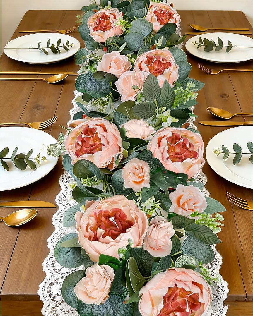 2 Pack 13Ft Artificial Eucalyptus Floral Garland with 16 Flowers Vintage Peony Rose, Pink Fake Flower Greenery Spring Garland Floral Vines for Mantle Wedding Arch Home Table Runner Backdrop Decor
