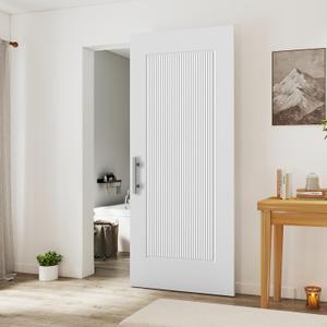 JUBEST 36"x84" Concealed Barn Door with Soft Close Hardware Kits, 1 Panel Reeded White Primed Solid Core Hidden Door for Opening 32"-34"x80", Brushed Stainless Steel Square Ladder Pull and Flush Pull