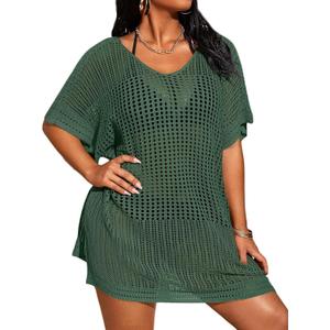 Women's Plus Size Suimsuit Cover Up Short Sleeve Hollow Out Swimwear Bathing suit (XX-Large, Green)