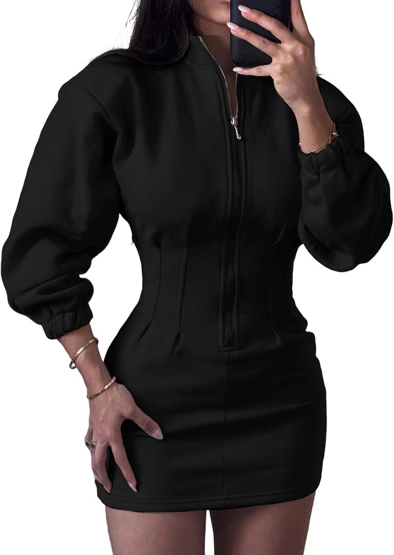 DINGANG Womens Sweatshirt Dress Long Sleeve Half Zip Pullover Bodycon Tunic Mini Dress (X-Large, Black)