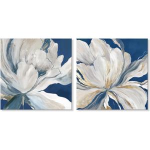 Goldfoilart Indigo Blue Flower Wall Art for Living Room White Floral Canvas Pictures Modern Paintings Framed Artwork Prints for Bedroom Dining Room Office Wall Decor 24"x24"x2pcs,  Indigo Blue