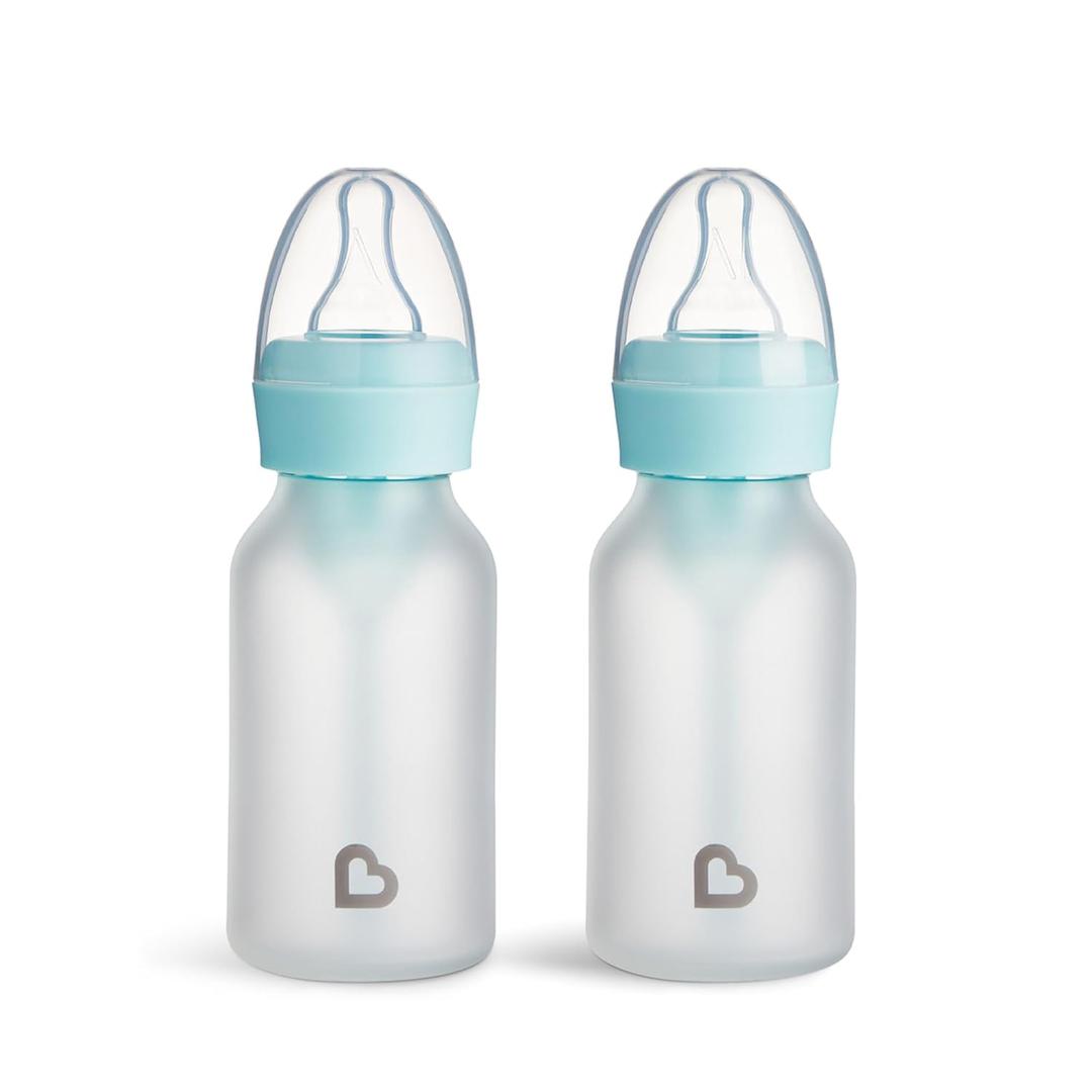Munchkin Bond Silicone Coated Glass Baby Bottles - Anti-Colic Feeding System with Natural Feel Nipples, 4 Ounce, 2 Pack, Blue