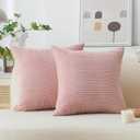 Home Brilliant Pink Throw Pillows for Sofa Euro Sham Striped Corduroy Velvet Pillow Covers 60x60 cm Set of 2 Cushion Cover for Couch Decor, 24 x 24 inch, Baby Pink