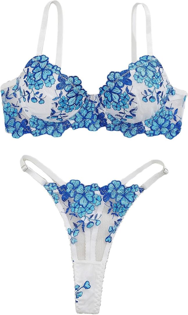 Sexy Floral Embroidered Flower Mesh Underwire Push Up Lingerie Set