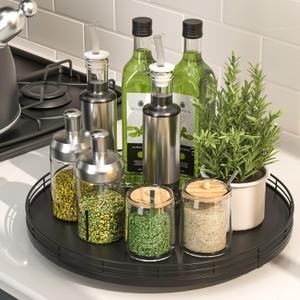 13" Oak Wood Lazy Susan Organizer, Lazy Susan for Cabinet Dining Table Pantry Wood Turntable Organizer Tray for Coffee Table Kitchen Countertop Salt Pepper Spice Organization and Storage Round Black