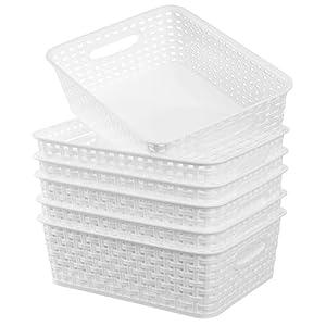 ZHENFAN White Plastic Woven Storage Baskets, 6-Pack Weave Basket Organizer for Kitchen Office Bathroom