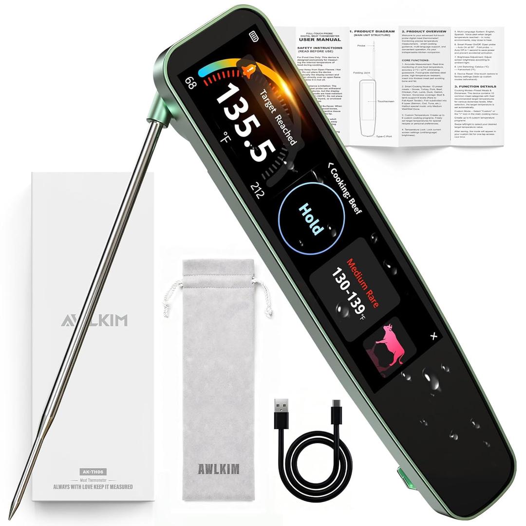 AWLKIM 0.5s Instant Read Smart Meat Thermometer Digital, 3.8 HD Touchscreen with Temp-OS, Professional Kitchen Food Thermometer for Cooking, Grill, BBQ | 0.5F, 58572F, IP68, USB-C Rechargeable