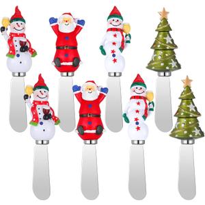 Lasnten 8 Pcs Christmas Cheese Butter Spreader Knife Cheese and Butter Spreader Knives Christmas Tree Snowman Santa Claus Hand Painted Resin Handle with Stainless Steel Blade Cheese Spreader Set