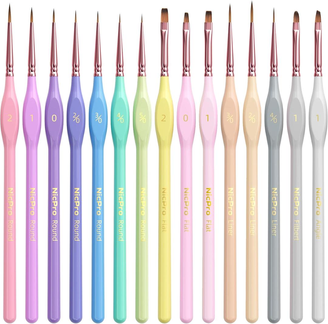 Nicpro 15PCS Micro Fine Detail Paint Brush Set, Aesthetic Pastel Small Miniature Fine Tip Detail Brushes Kit for Acrylic Oil Watercolor, Craft, Models, Miniatures, Rock Painting, Paint by Numbers