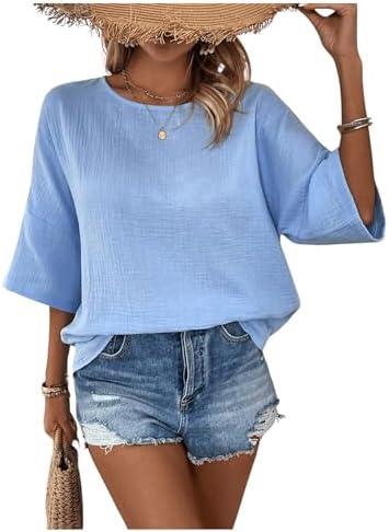 MakeMeChic Women's Short Sleeve Drop Shoulder Round Neck Keyhole Back T Shirts Blouse Top Small