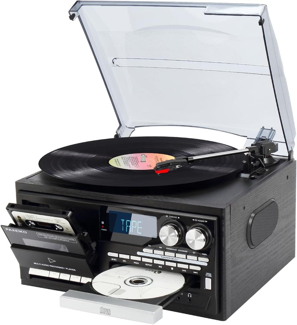 Vintage 9-in-1 Record Player Turntable with Bluetooth, AM/FM Radio, CD & Cassette Player, USB/SD Playback, Remote Control, Aux & RCA Inputs, Headphone Jack  Classic Audio System for Music Lovers (Black)