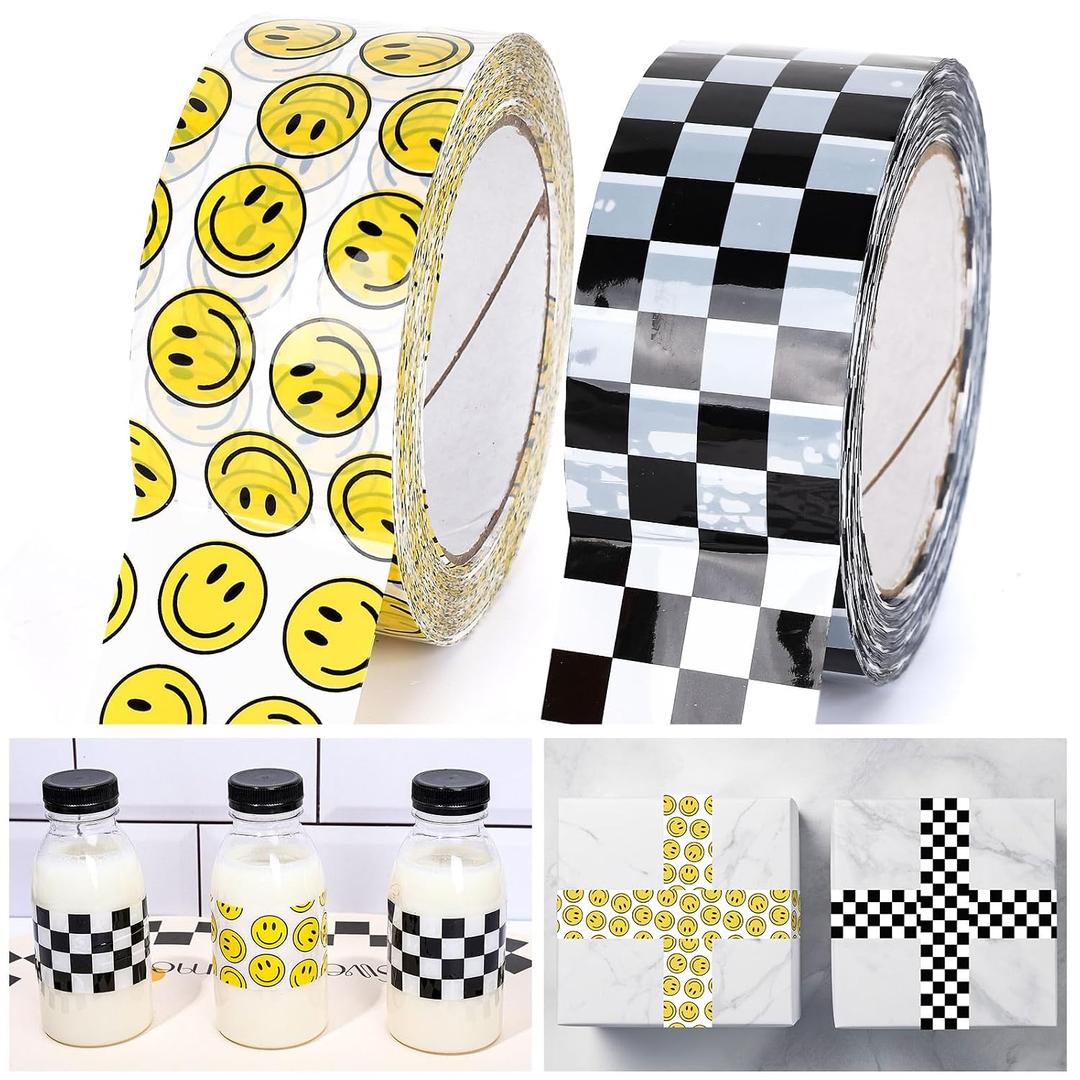 Whaline 220 Yard One Happy Dude Packaging Tape - Boho Smile Face Checkerboard Printed Waterproof Shipping for Small Business DIY Box Carton Decor