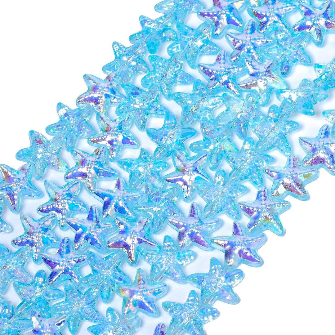 Songxi 60pcs Blue Half Plated Starfish Glass Beads for Jewelry Making, 14x15mm Handmade Crystal Beads for Bracelet Necklace Keychain, Loose Spacer Beads for Arts and Crafts, DIY