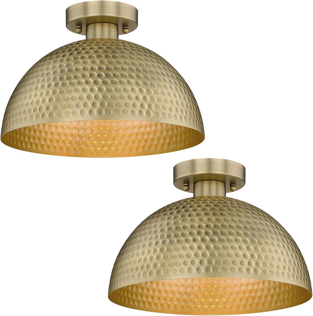 ELYONA 2 Pack Semi Flush Mount Light Fixture, Farmhouse 12 inch Ceiling Light Fixture with Hammered Metal & Brushed Brass Gold Finish for Hallway Bedroom Bathrooms Kitchen Dining Room Laundry Foyer