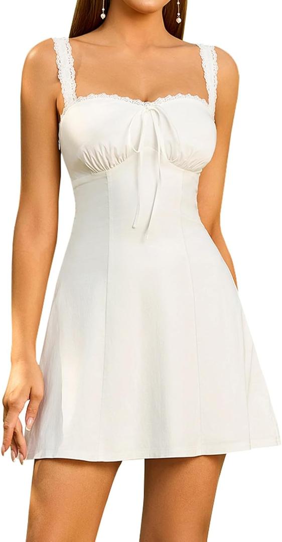 EYNMIN Summer Mini Dress Sleeveless Lace Sweetheart Neckline A Line Graduation Dresses for Women 2025 Short Sundress (White), XS