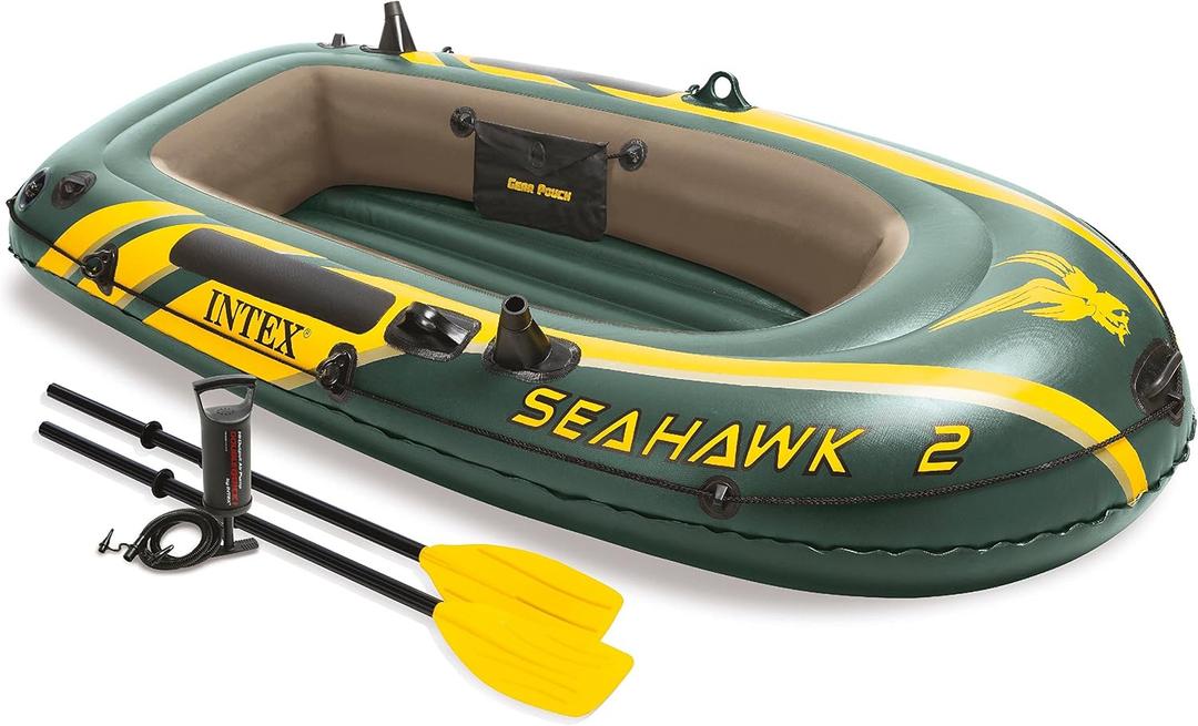 INTEX 68347EP Seahawk 2 Inflatable Boat Set: Includes Deluxe 48in Boat Oars and High-Output Pump – SuperStrong PVC – Fishing Rod Holders – 2-Person – 520lb Weight Capacity