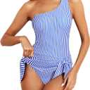 Tempt Me Women One Piece Swim Dress One Shoulder Swimsuit with Skirt Tummy Control Swimdress Bathing Suit (Blue, M)