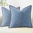 decorUhome Chenille Soft Cozy Throw Pillow Covers 16x16 Set of 2, Modern Farmhouse Boho Velvet Decorative Pillow Cases with Stitched Edge for Couch Sofa Bed Home Decor, Blue