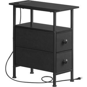 HOOBRO End Table with Charging Station, Narrow Side Table with 2 Fabric Drawers, Skinny Nightstand with Storage, Slim Bedside Table for Bedroom, Living Room, Small Spaces, Black BB487UBZ01