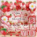 114Pcs Strawberry Baby Shower Decorations Balloons Boxes Kit, Berry Sweet Shortcake Baby Shower Balloon Arch Baby Boxes Backdrop Banner Tablecloth Cupcake Topper Mom to Be Sash Kit