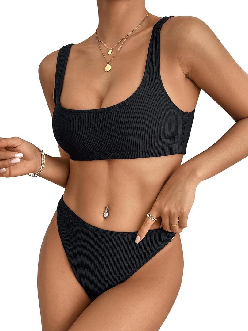 Two Pieces Bikini Sets Swimsuit Sports Style Low Scoop Crop Top High Waisted High Cut Cheeky Bottom, Small, Black Crinkle