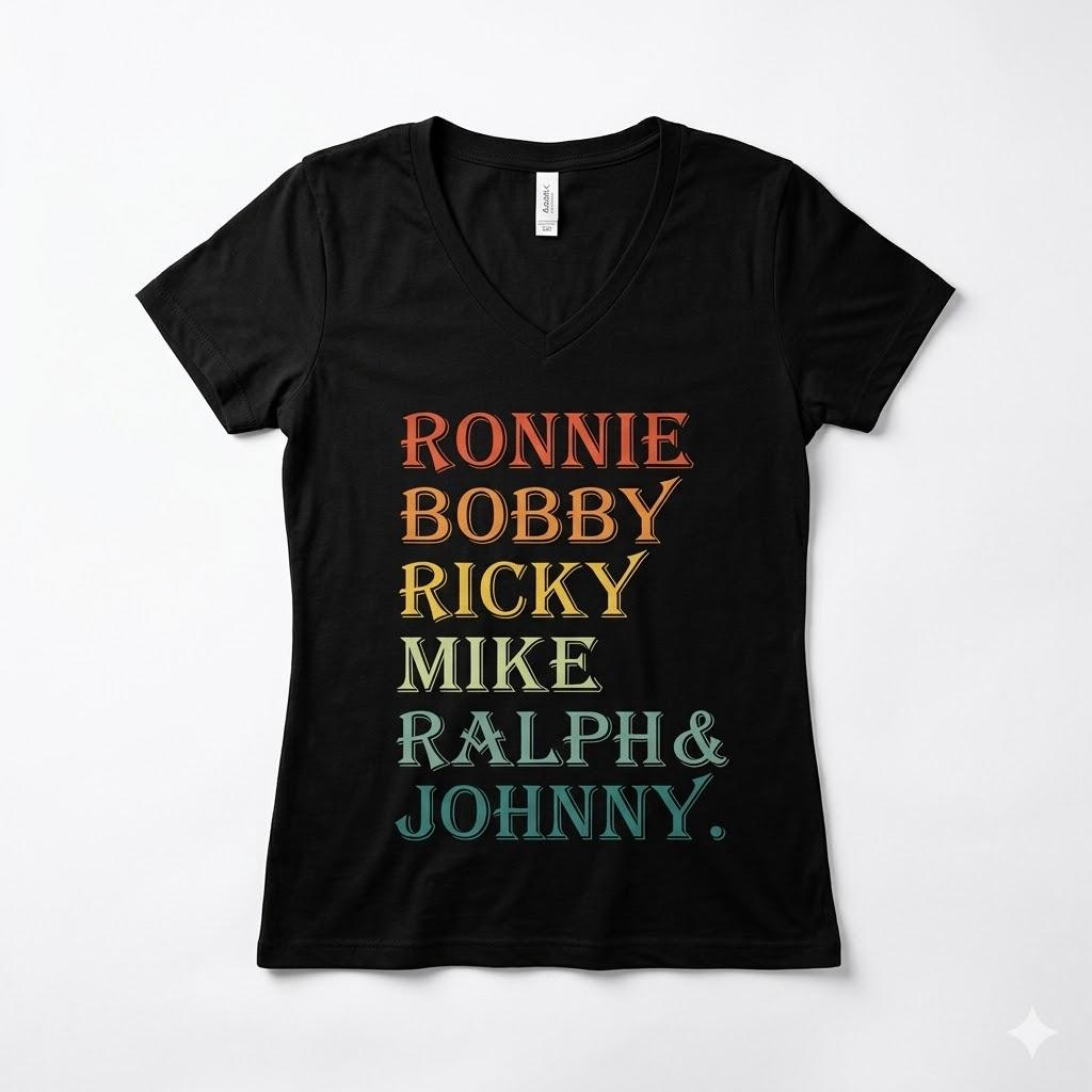 Womens Ronnie Bobby Ricky Mike Ralph and Johnny VNeck TShirt, L