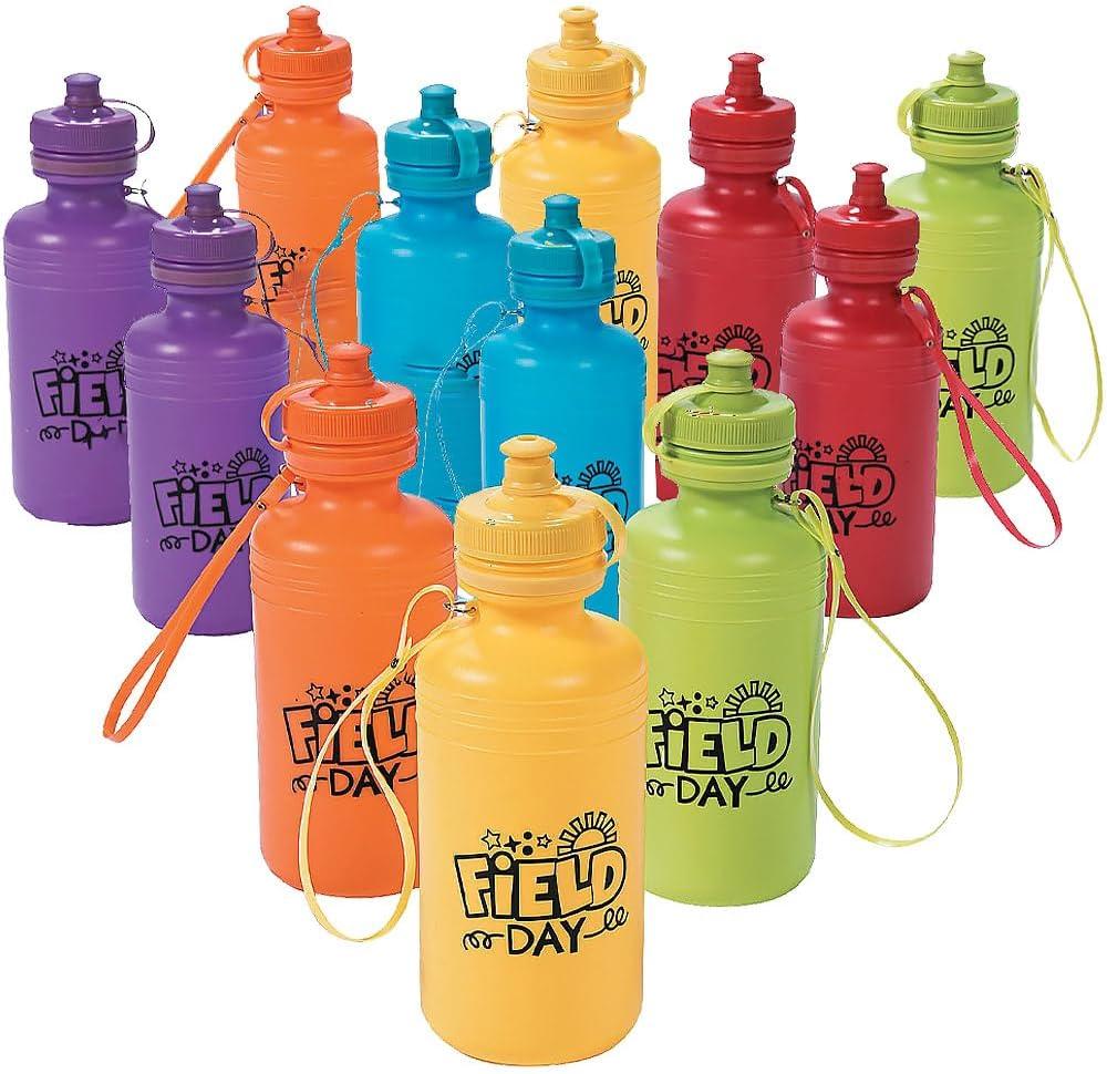 Fun Express Kids Water Bottle 12 Pack - BPA Free Plastic Reusable Water Bottles for School, Field Day & Sports | Small 12 oz Mini Water Bottles Bulk Set with Carrying Strap for Classroom Team Events