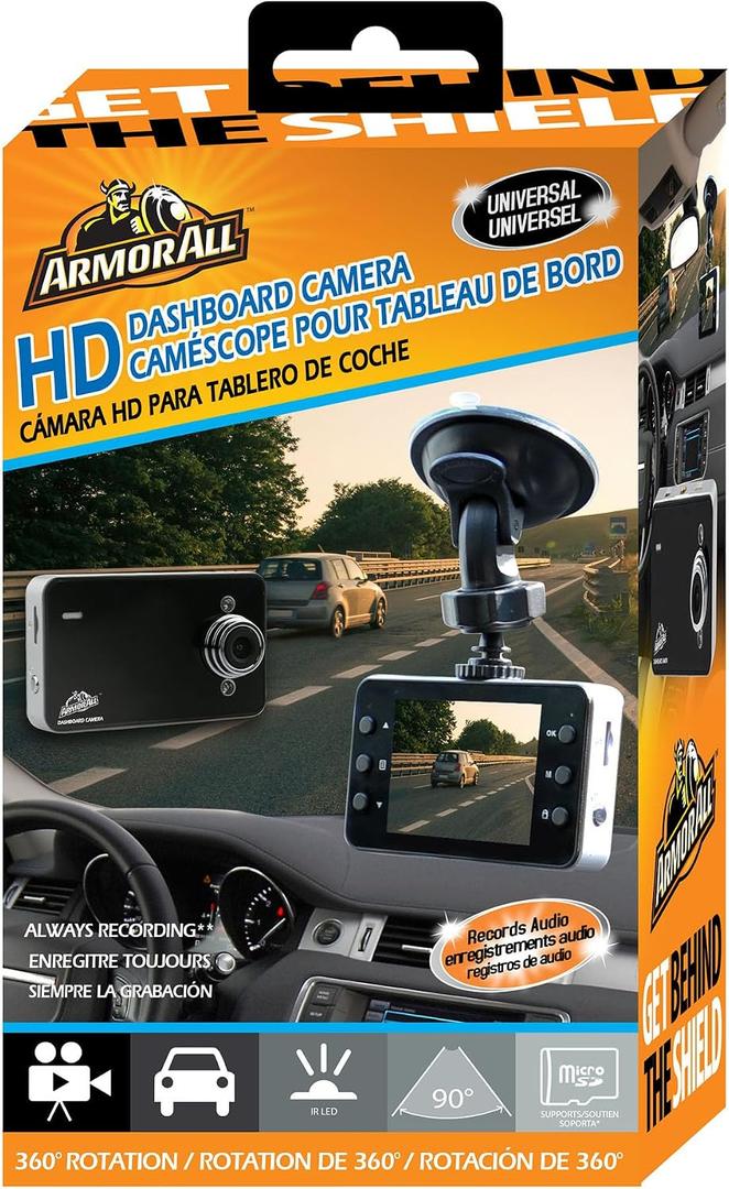 Armor All HD Dash Camera, 1080P Car Dashboard Camera with Suction Mount, Motion Detection, Night Vision IR, 2.4 LCD Screen, Supports Micro SD up to 32GB