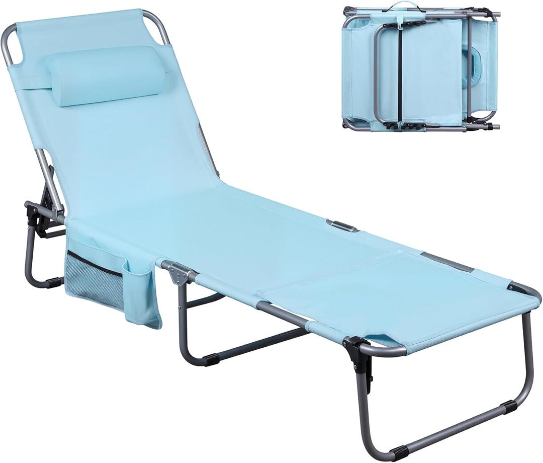 WLIVE 5-Position Folding Beach Chair with Face Hole, Portable Patio Lounge Chair for Beach, Pool, Outdoor Tanning Chair, Light Blue