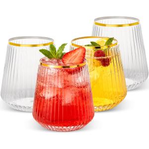Goodluck 80 Pack 12oz Stemless Plastic Wine Glasses Clear Ribbed Cups with Gold Rim, Fancy Reusable Disposable Drinkware for Weddings, Parties, Bars, Indoor and Outdoor Events (EXP 09/26/54)