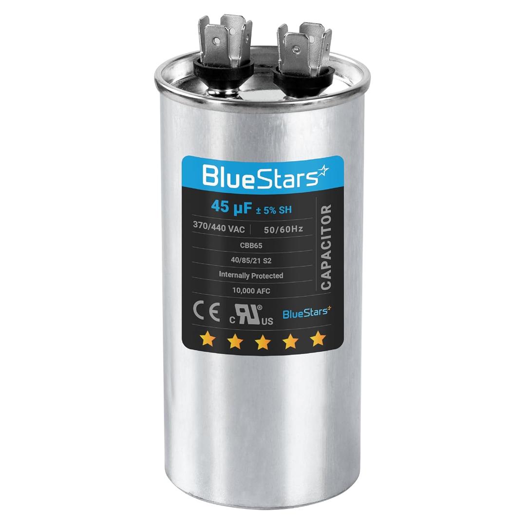 [UL Certified] BlueStars 45 uF 45 MFD +5% 370-440VAC 50/60Hz Round Run Start Capacitor Replacement Part - Fit for AC Motor Run or Fan Start and Cool or Heat Pump Air Conditioner