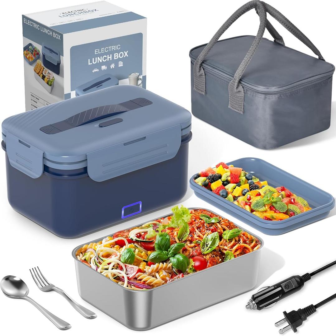 Electric Lunch Box Food Heater Upgrade 3 in 1 Portable Food Warmer 100W Leakproof Heated Lunch Box for Adults Car/Truck/Office with 1.8L SS Container Fork Spoon Carry Bag, 12V/24V/110V (Dark Blue)