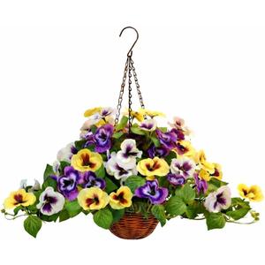 Geegoods Fully Assembled Artificial Pansy Hanging Basket - Waterproof & UV Resistant Realistic Outdoor Fake Flowers, Ready to Hang Decor for Porch, Patio, Balcony, 1 Pack