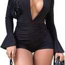 GEMEIQ Womens Sexy V Neck Long Trumpet Sleeve Jumpsuit Short Pants Bodycon One Piece Outfits Clubwear Party Romper (Large, Black)