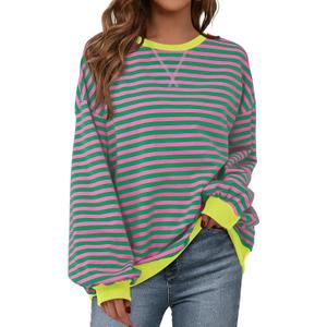BTFBM Womens Oversized Striped Sweatshirt Crewneck Long Sleeve Pullover Top Casual Y2K Fall Clothes 2025 Workout Shirt (Medium, Pink Green)
