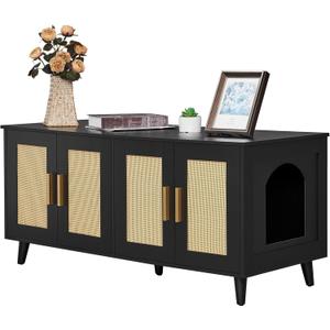 Homhedy Boho Cat Litter Box Enclosure for 2 Cats, Wooden Cat Washroom Furniture with Double Rattan Decorated Doors, Pet House,47.2L x 19.7W x 21.7H, Black and Natural