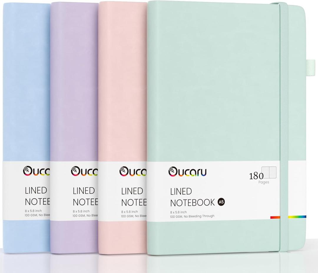 Oucaru Lined Journal Notebook, 4 Pack, 180 Pages, A5 Journals for Writing, 100 GSM Thick Paper, Small Notebooks Daily Journal for Women Men Work, Business, School, Travel Supplies (4 Pastel Color)
