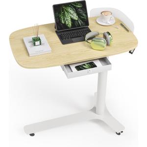 Height Adjustable Mobile Standing Desk with 360 Swivel Casters, 28"-43" Pneumatic Rolling Desk with Storage Drawer, Perfect for Home Office, Bedroom, Living Room, Oak